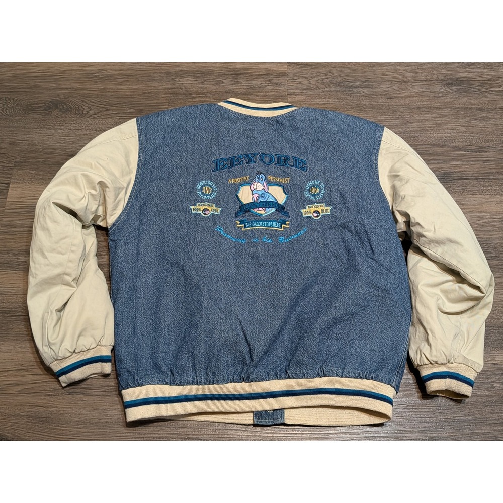 Disney Store Vintage Eeyore Denim Varsity Bomber Jacket Blue Cream Mens Small